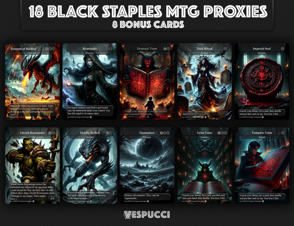 Black Staples MTG Proxy Cards, Premium Custom Commander Cards, Reanimate, Vampiric Tutor, Black Tutors, Commander Black Staples