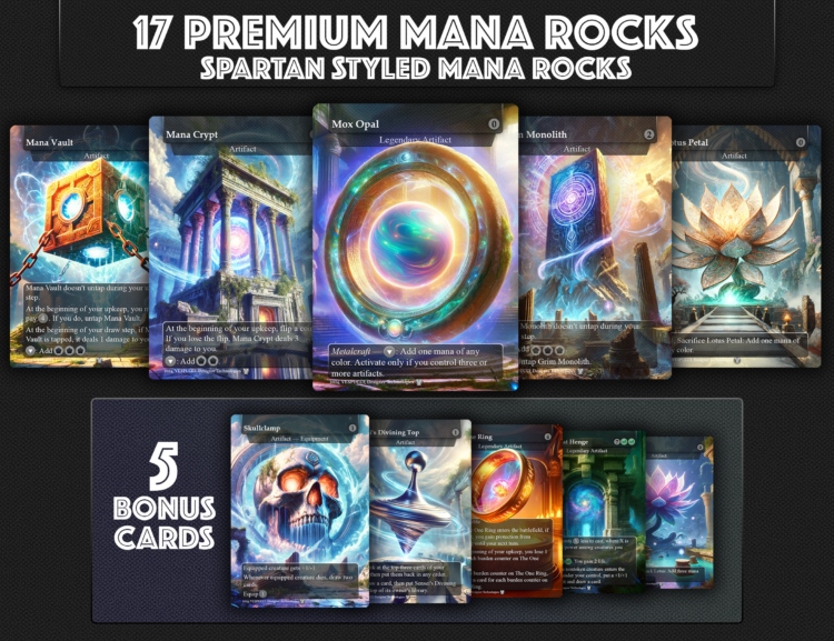 MTG Mana Rocks, Mox Opal, Grim Monolith, Sol Ring, Mox Amber, Mana Vault, Jeweled Lotus, Lotus Petal, Basalt Monolith