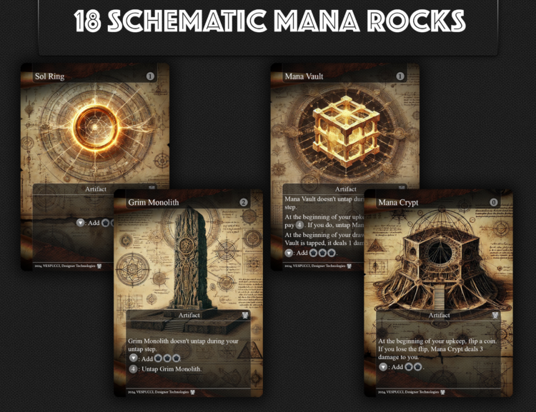 MTG Mana Rocks, Mox Opal, Grim Monolith, Sol Ring, Mox Amber, Mana Vault, Jeweled Lotus, Lotus Petal, Basalt Monolith