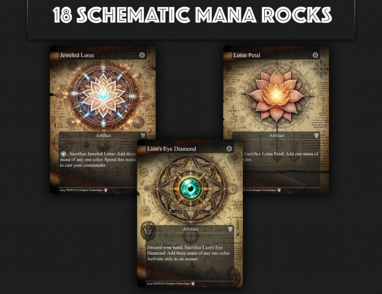 MTG Mana Rocks, Mox Opal, Grim Monolith, Sol Ring, Mox Amber, Mana Vault, Jeweled Lotus, Lotus Petal, Basalt Monolith