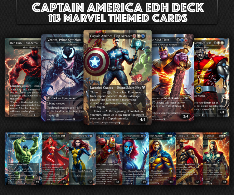 Captain America EDH Deck, Marvel, MTG Deck, 113 Cards, 13 Sideboard, Hulk, Thor, Thanos, Venom, Wolverine, Scarlett Witch, Sentry, Includes all major characters, Captain America Equipment Deck