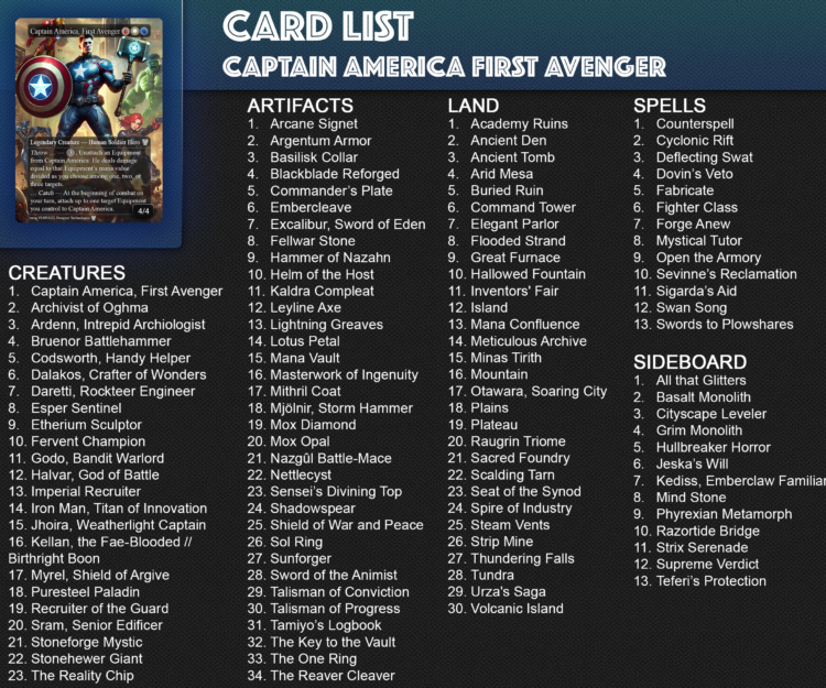 Captain America First Avenger, Kenrith, the Returned King, Marvel vs Mortal Kombat, Duel Decks, Kenrith the Returned King vs Captain America EDH Deck, 220 Proxy Cards, Iron Man Titan of innovation, Sissay, Wetherlight Captain, Kinnan Bonder Prodigy