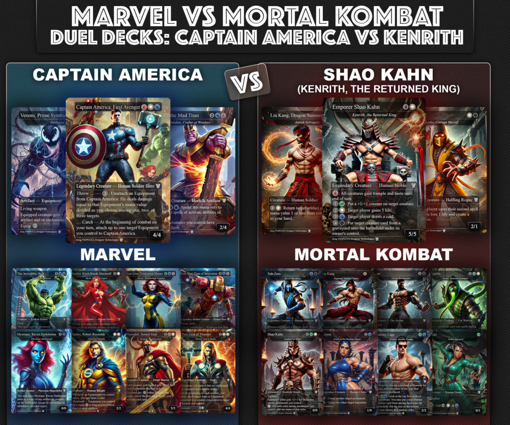 Marvel vs Mortal Kombat, Duel Decks, 2 EDH Decks, Kenrith the Returned King vs Captain America EDH Deck, 216 Total Proxy Cards