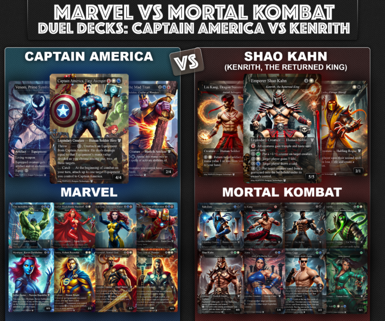 Captain America First Avenger, Kenrith, the Returned King, Marvel vs Mortal Kombat, Duel Decks, Kenrith the Returned King vs Captain America EDH Deck, 220 Proxy Cards, Iron Man Titan of innovation, Sissay, Wetherlight Captain, Kinnan Bonder Prodigy