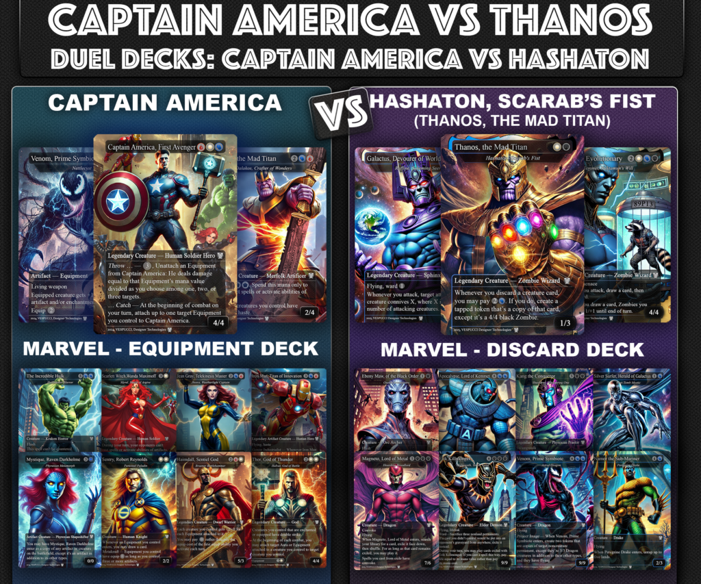 Captain America Vs Hashaton, Scarab's Fist Duel Decks, 2 EDH Decks, Captain America VS Thanos, the Mad Titan EDH Deck, 216 Total Proxy Cards