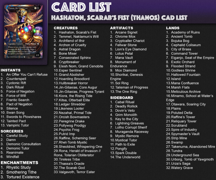 Hashaton the Scarab's Fist EDH Deck, 115 Cards, 15 Sideboard, Includes all major characters, Thanos and High Evolutionary Themed